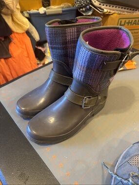 Sperry Brown Rubber Mid-Calf Boots with Purple Plaid